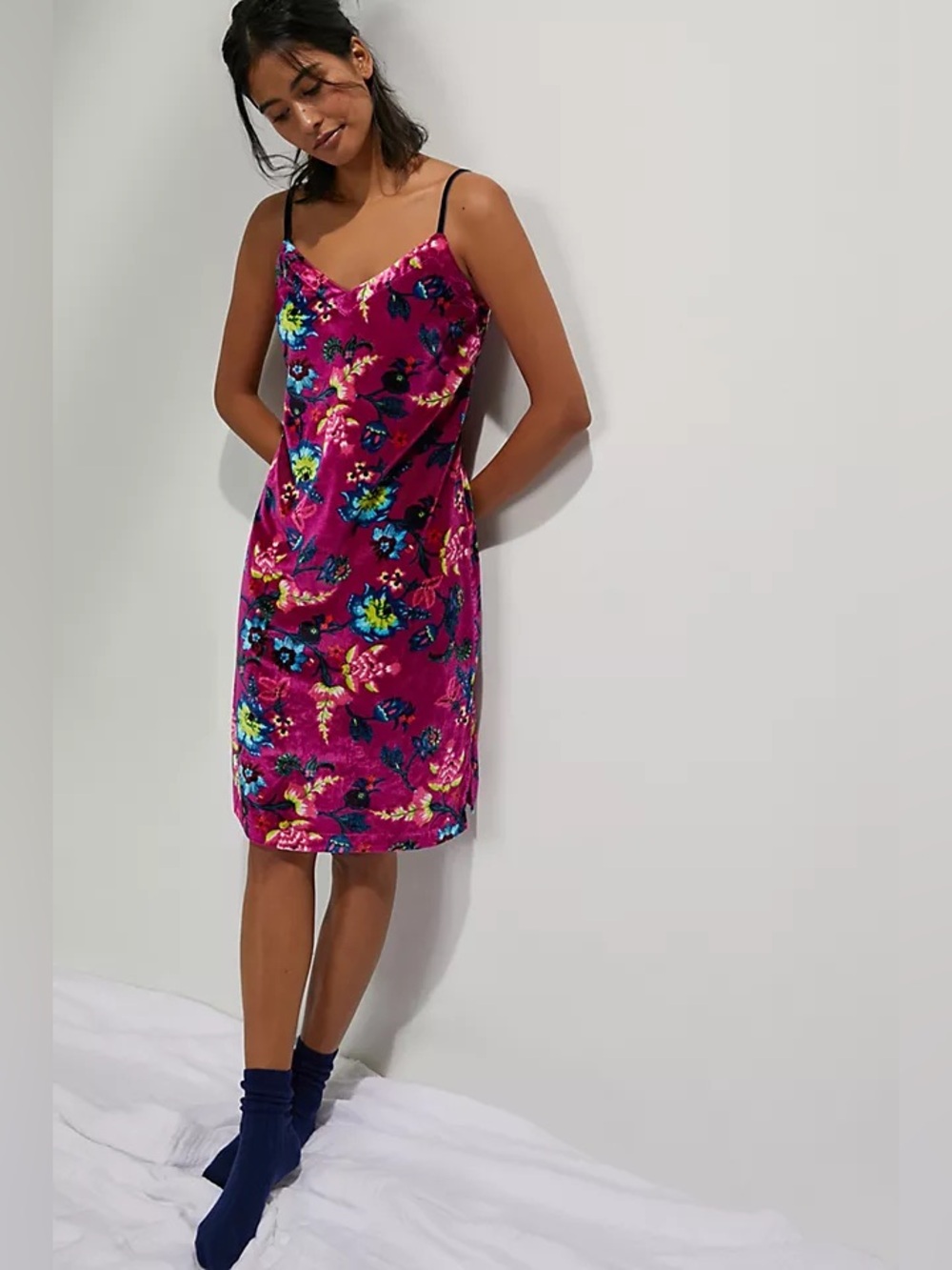 Anthropologie Shania Velvet Magenta Floral Slip mini dress with Black Straps